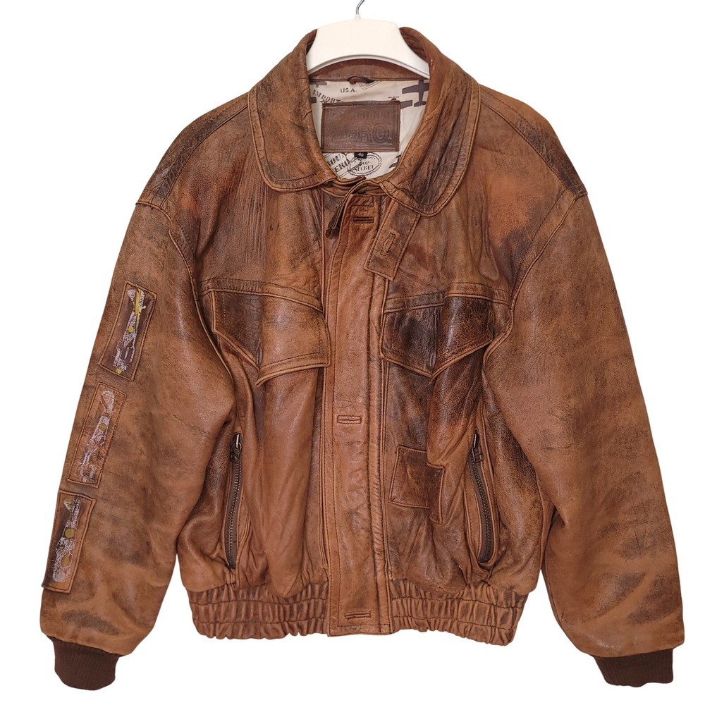Vintage‎ Ground Zero Distressed Brown Leather Bomber Aviator Flight Jacket 46